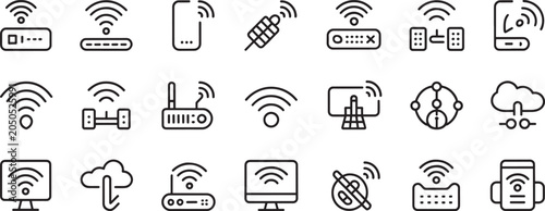 Cuadro en lienzo Wifi and Wireless Network Connectivity Icons Set with Routers, Smartphones, Data