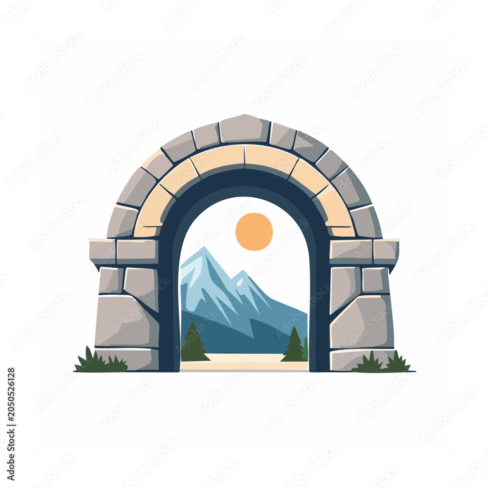 Fototapeta premium Stone archway framing a mountain landscape with sun and trees