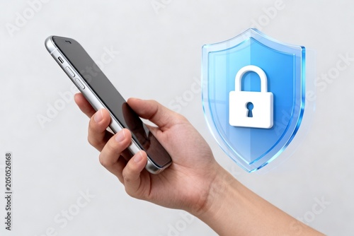 Hand holding smartphone with digital security shield icon