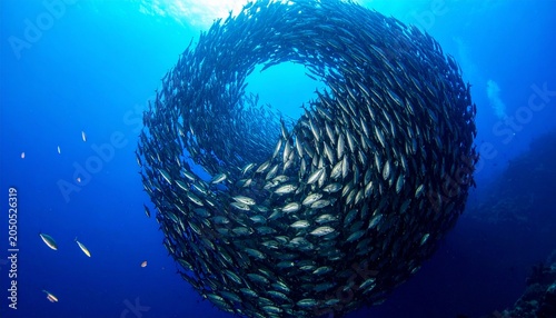 Large school of fish form a sphere underwater near the surface