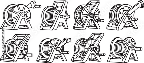 Photos set of Vintage winch designs with coiled cables in various angles