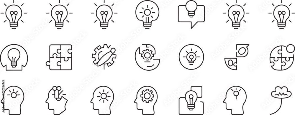 Obraz premium Idea Light Bulb with Jigsaw Puzzle Pieces and Gears in Speech Bubble Icon Set for Creativity and Problem Solving