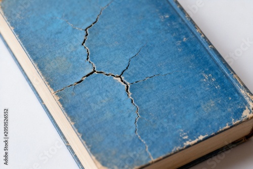 Cracked Blue Book Cover on White Background