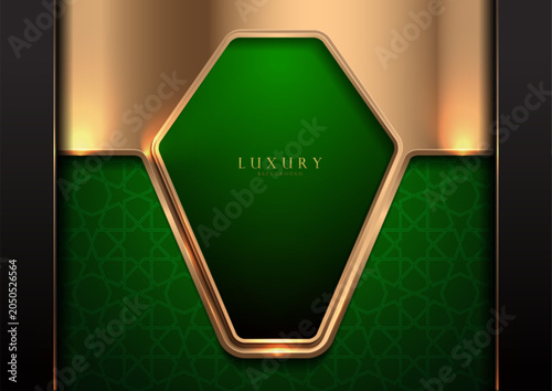 Luxury green gold hexagonal background featuring elegant Islimi and Arabesque patterns, premium design for website templates, festival advertisements, illustration professionally crafted artwork