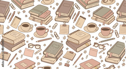 Cozy Reading and Stationery Doodle Seamless Vector Pattern Design Illustration