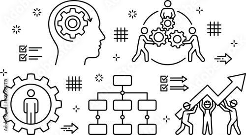 Business management and workflow optimization vector line icons set featuring teamwork hierarchy gear strategy human resources growth elements