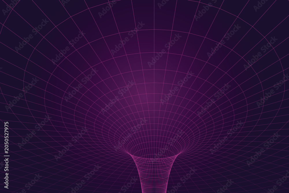 Naklejka premium 3d wireframe cyber funnel vortex with pink grid on dark purple background