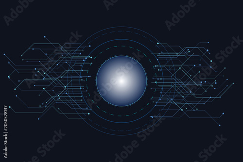 Foto Abstract blue circuit board network with central glowing orb technology data