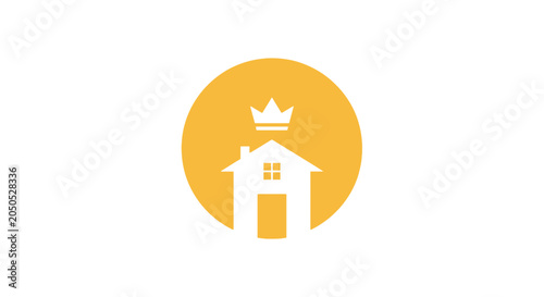 A minimalist graphic icon featuring a house silhouette with a crown symbol above it