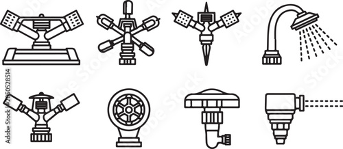 Bild auf Leinwand set of Eight types of bathroom faucet and shower head icons in simple line art s
