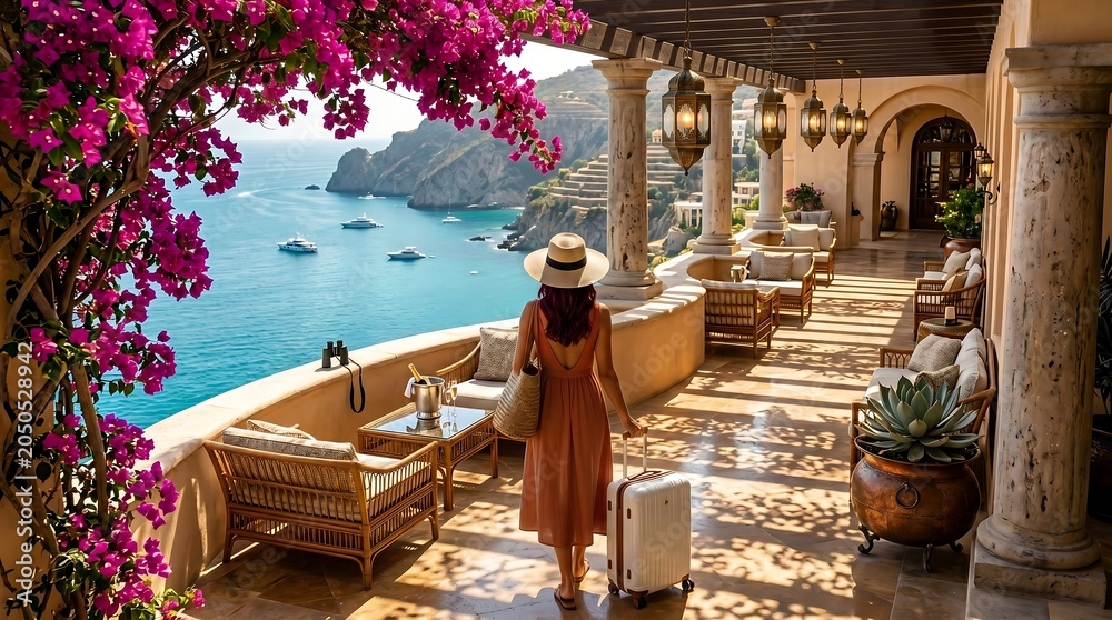 Fototapeta premium Woman walking with suitcase on luxury balcony overlooking the sea