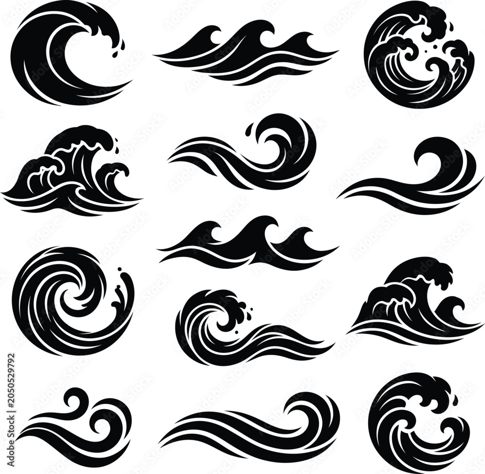 Fototapeta premium Vector icon set of abstract black water wave silhouettes, perfect for marine design, ocean surf illustrations, and summer sea graphic symbols.