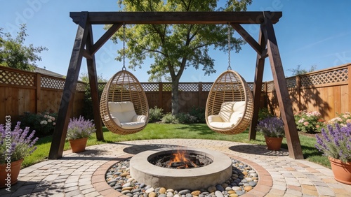 Luxury Backyard Patio Design with Hanging Egg Chairs, Circular Fire Pit and Elegant Cobblestone Landscaping