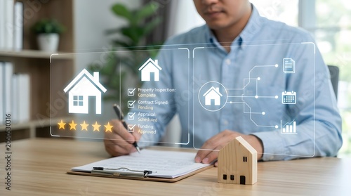 Home buying process visualization with digital interface and real estate agent