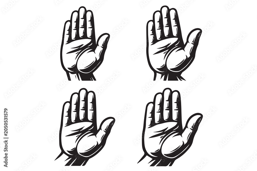 Fototapeta premium Simple hand drawn sketch vector art of four human hand gestures with raised hands, designed in minimal icon style for communication, support, and expression themes.