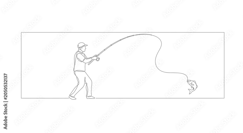 Fototapeta premium Fisherman reeling in a large fish on a curved fishing rod, continuous line drawing