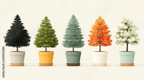 Five potted trees in different colors and styles on a light cream background plant