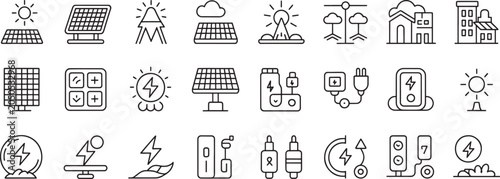 Fotografija Solar and Energy Icons Set with Panels, Chargers, Batteries, Electric Lights, an