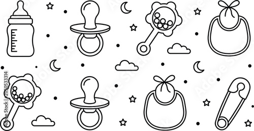 Photos Cute newborn baby care line art vector elements set featuring feeding bottle pac
