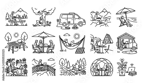 Foto Freelancer outdoor workspace and digital nomad outline icon collection