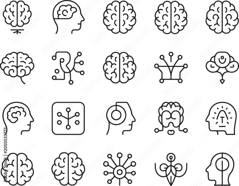 Obraz premium Brain and Artificial Intelligence Line Icons Set with Outline Style, Network Nodes, Gear, and Globe Symbols