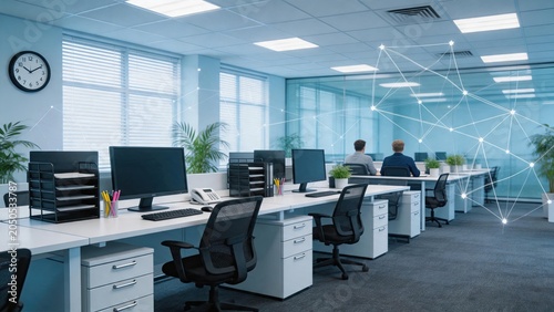 Modern open plan office workspace interior design, bright corporate environment with desks computers and employees working, digital network overlay representing team collaboration