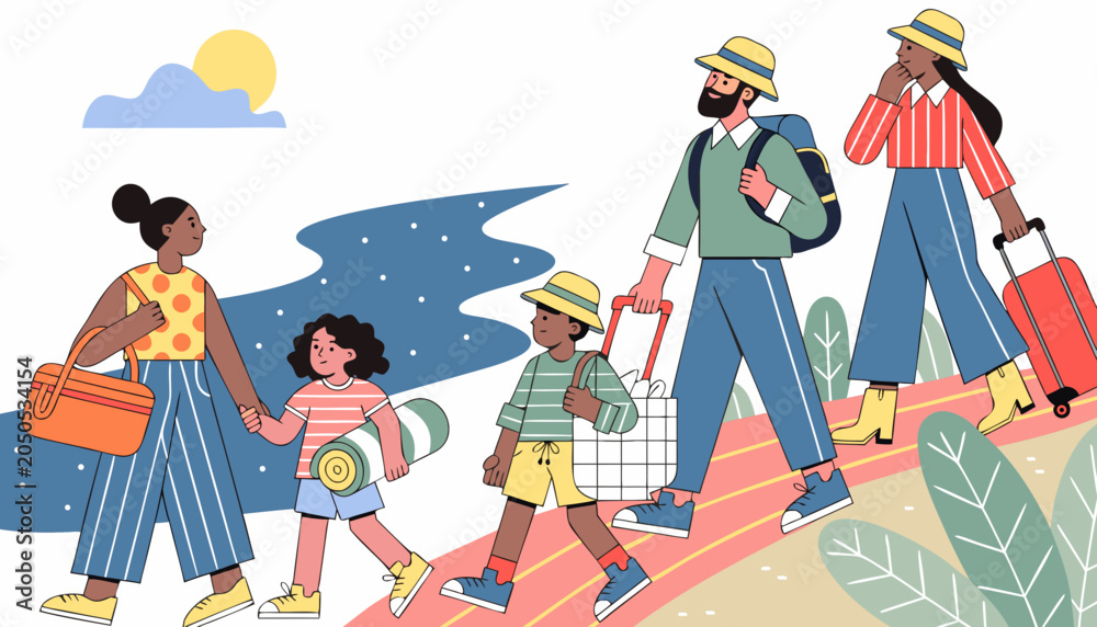 Obraz premium Multicultural family enjoying summer vacation, has just arrived at the resort and is walking with luggage along colorful path with luggage and beach accessories, surrounded by greenery and sunny sky