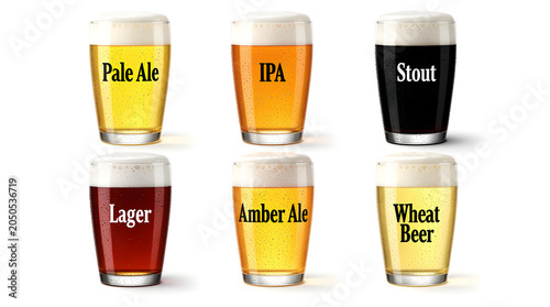 Beer Variety Assortment: A curated selection of six distinct beer types, each presented in its own clear glass, showcasing a spectrum of colors from pale gold to deep stout.