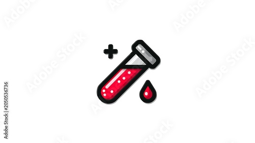 Stylized of a test tube with red liquid and a droplet, plus sign science medical