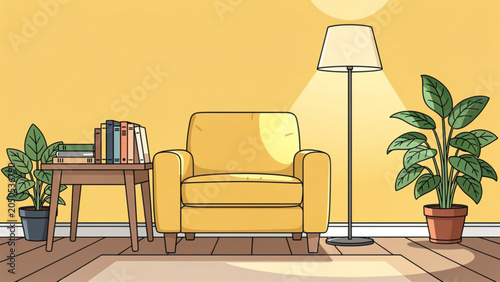 Cozy Living Room Interior with Yellow Sofa and Houseplants.