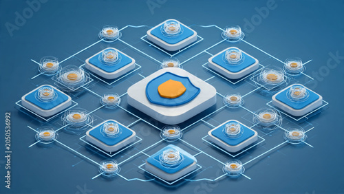 Digital Blockchain Technology Network with Secure Data Nodes.