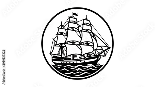 Vintage sailing ship with full sails.