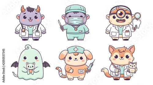 Cute Medical Team: A delightful collection of adorable cartoon characters, including a friendly monster, a masked doctor, a dentist, a ghost holding a baby, a nurse dog, and a fox veterinarian.