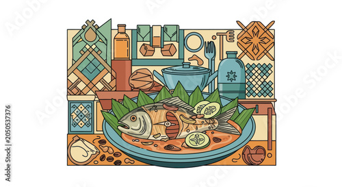 Tableau sur toile An illustration of a fish dish with various cooking implements and decorative el