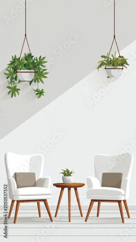 Modern Minimalist Living Room with Hanging Green Plants.