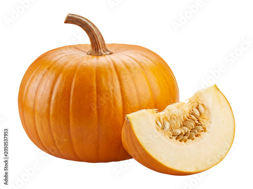 Whole Ripe Pumpkin with Fresh Cut Wedge Isolated on Transparent Background