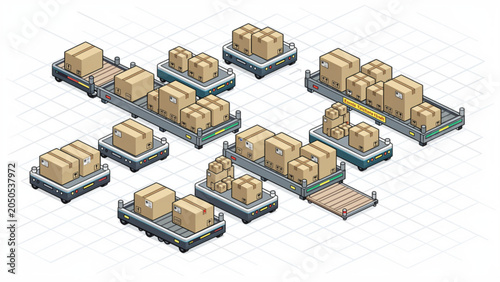 Isometric Warehouse Storage Units with Stacked Boxes and Shelving.