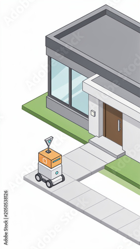 Autonomous Delivery Robot Outside Modern Building.