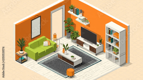 Modern Living Room Interior with Comfortable Sofa and Entertainment Center.