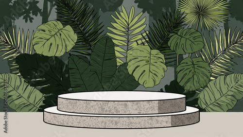 Elegant White Circular Platform with Tropical Green Foliage Background.