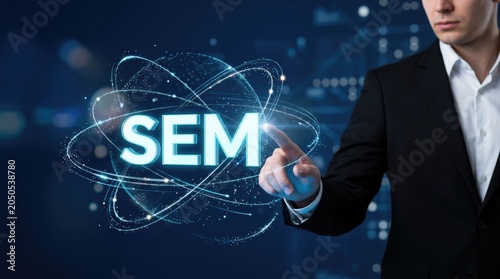 Businessman interacting with glowing sem atom symbol