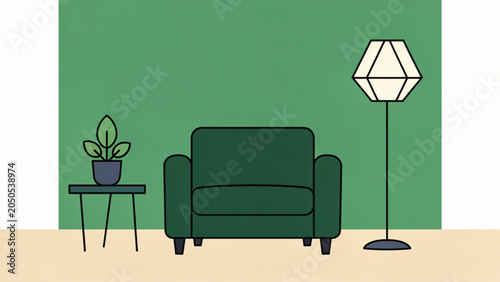 Modern Living Room Interior with Green Wall and Stylish Furniture.