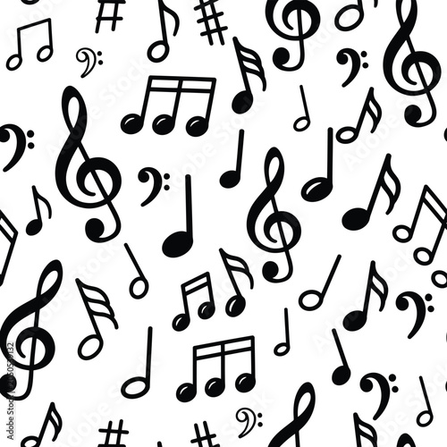 Seamless Black Musical Notes Pattern on White Background for Music Theme Design