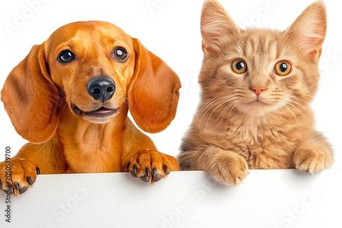 Adorable dog and cute cat sitting side by side looking over white surface with friendly expressions