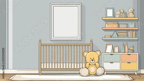 Cozy Nursery Room with Teddy Bear and Shelves.