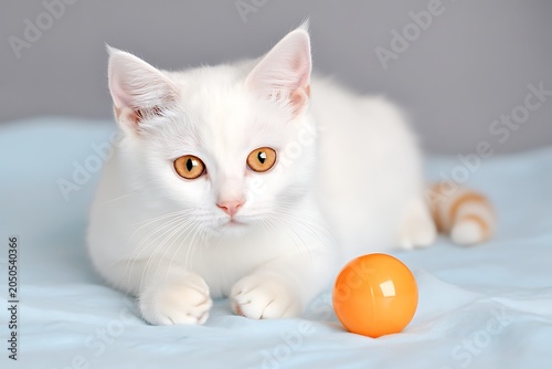 White domestic cat with amber eyes lying on bed near orange ball, indoor pet animal photography
