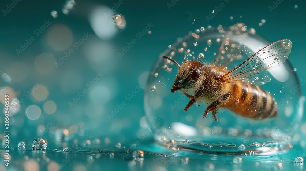 Naklejka premium Fly Trapped in Water Bubble on Solid Background