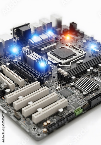 Computer motherboard with glowing blue and orange lights, highlighting advanced technological components on white background.