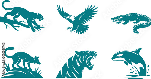 Collection of wild animals and birds in teal silhouette illustration