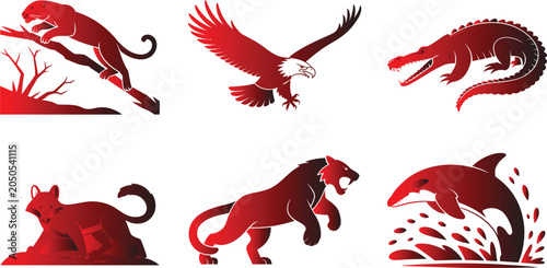 Set of stylized red animal illustrations including dinosaur, bird, and mammals